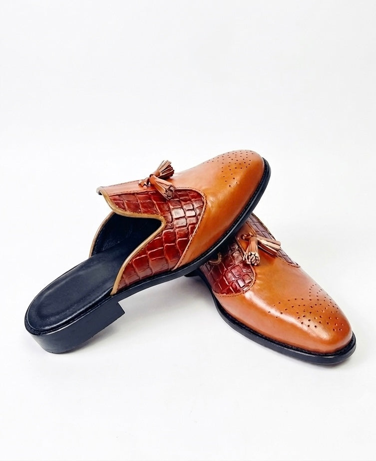 Cognac Brogue Tassel Mule