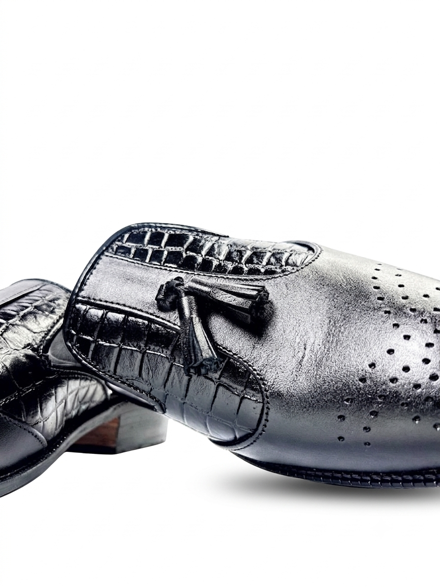 Black Croc & Brogue Tassel Mules | Handcrafted Leather
