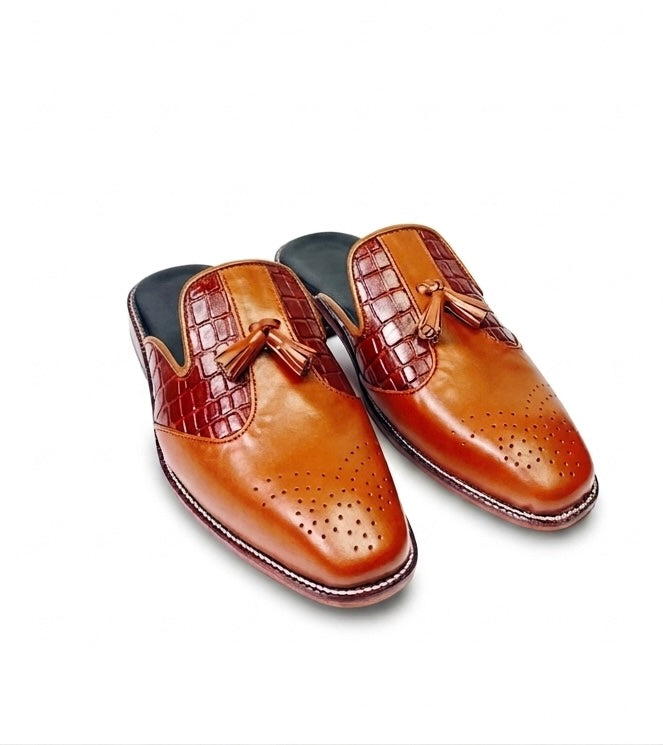 Cognac Brogue Tassel Mule