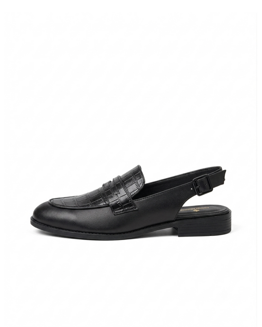 RENARD NOIR Handmade Black Open Back Vegan Leather Penny Loafers for men