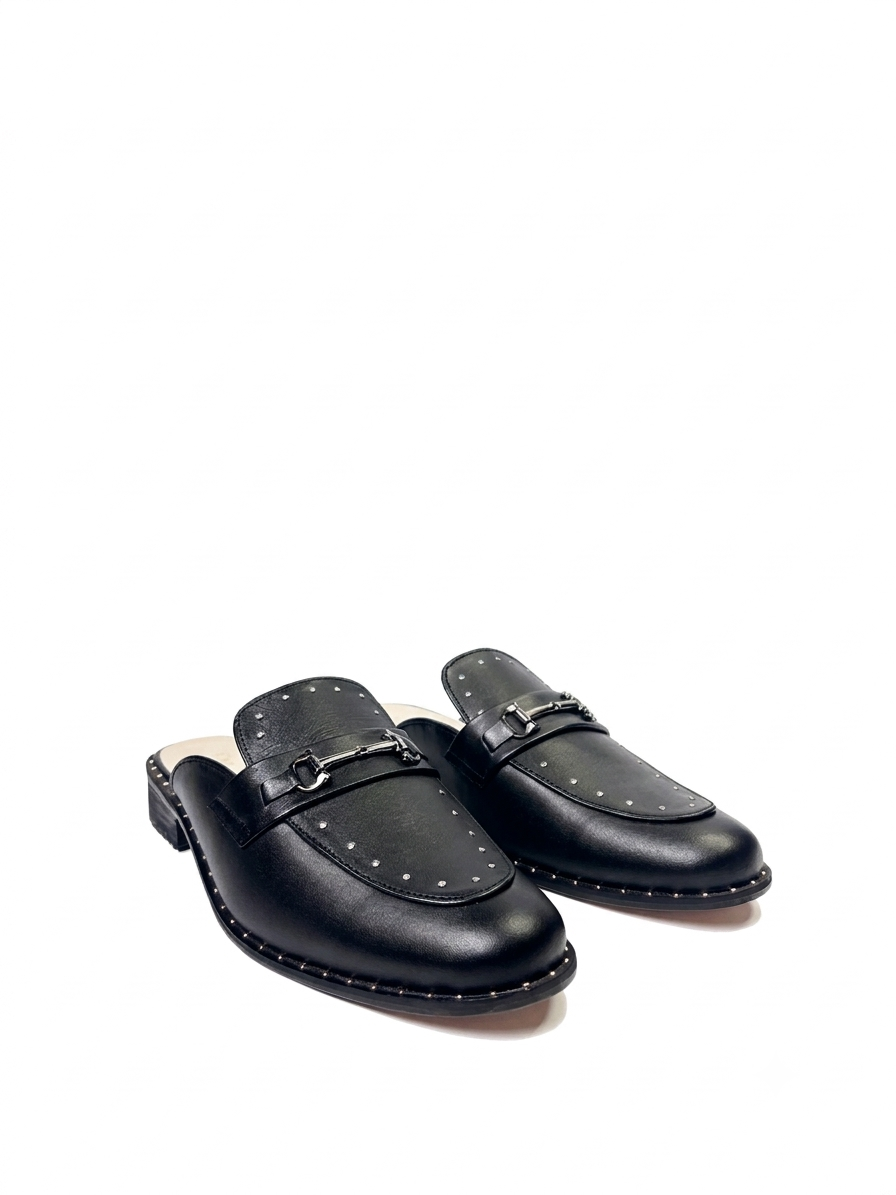 ⁠Pair of luxury handcrafted black studded horsebit mules by RENARD NOIR