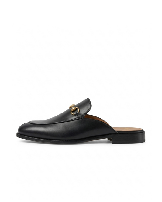 ⁠RENARD NOIR handcrafted black smooth leather horsebit mules with gold buckle⁠ 