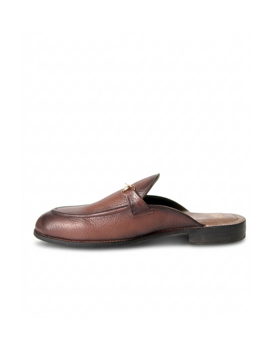 RENARD NOIR handcrafted coffee burnished leather horsebit mules with gold hardware for men