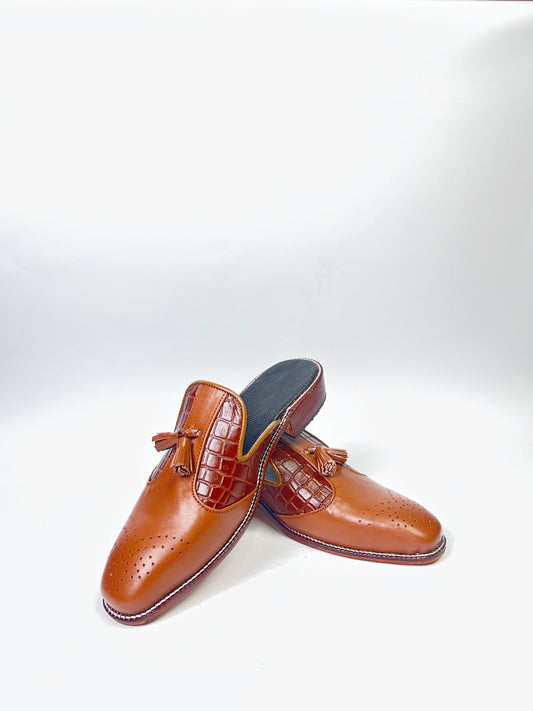 Cognac Brogue Tassel Mule